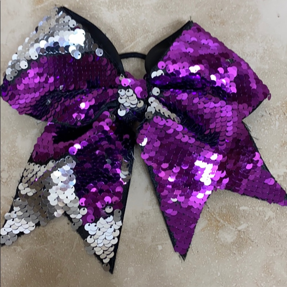 EUC Reverse Sequin Purple and Silver Cheer Bow